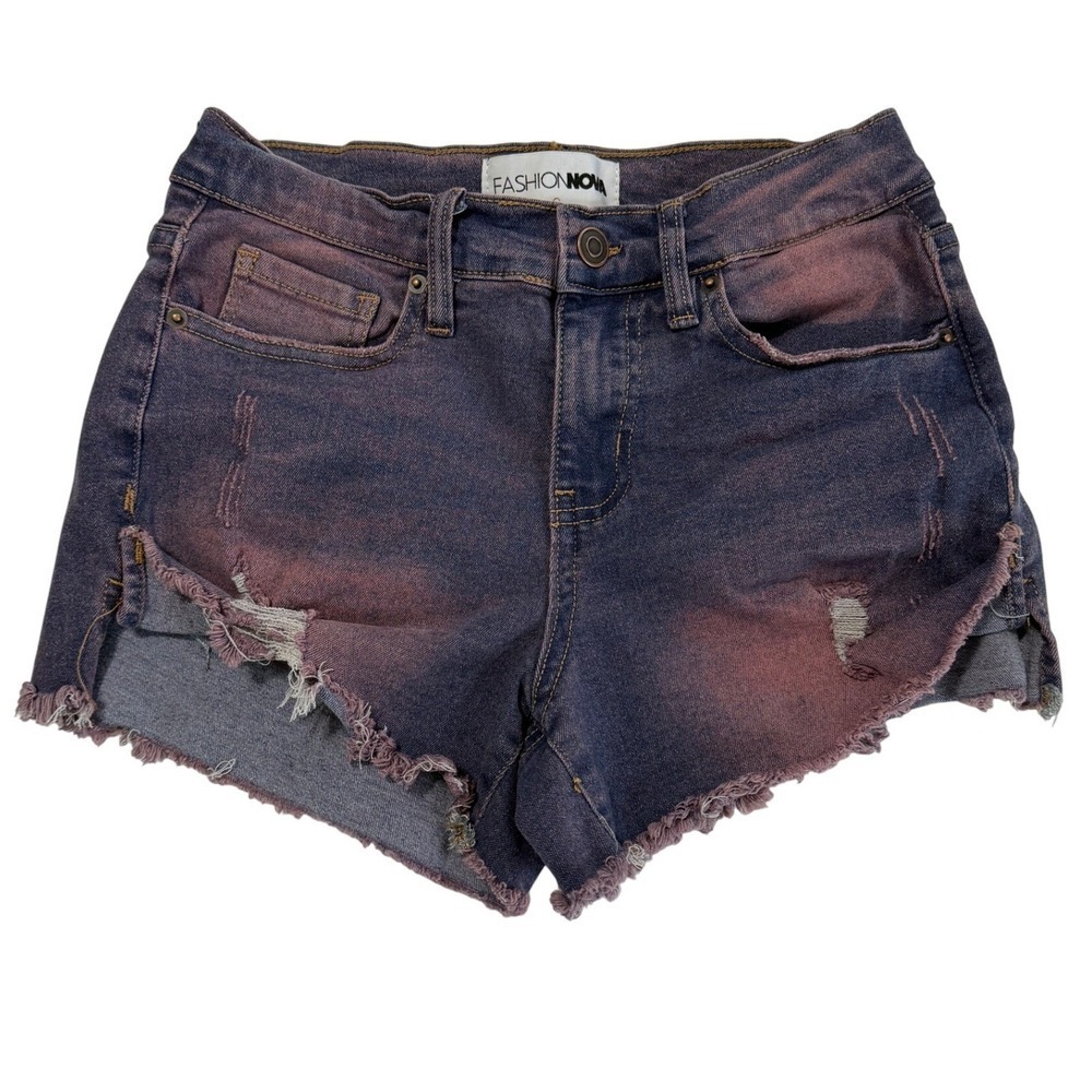 Fashion Nova Denim Shorts Distressed Frayed Hem Blue Purple Pink Wash Size 3
